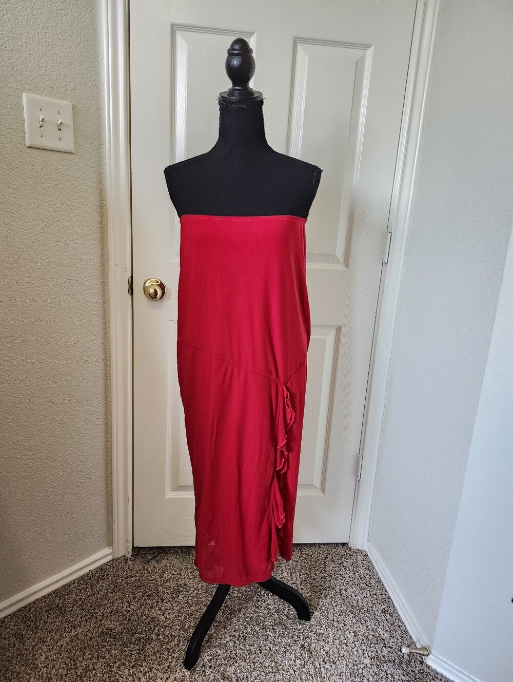 Cider Strapless Red Midi Dress with Side Ruffle Detail